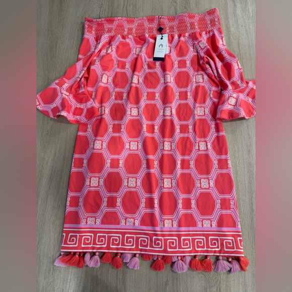 NWT Cabana Life Spring Regatta Off-the-Shoulder Smocked Dress Coverup Coral XL - Picture 2 of 16